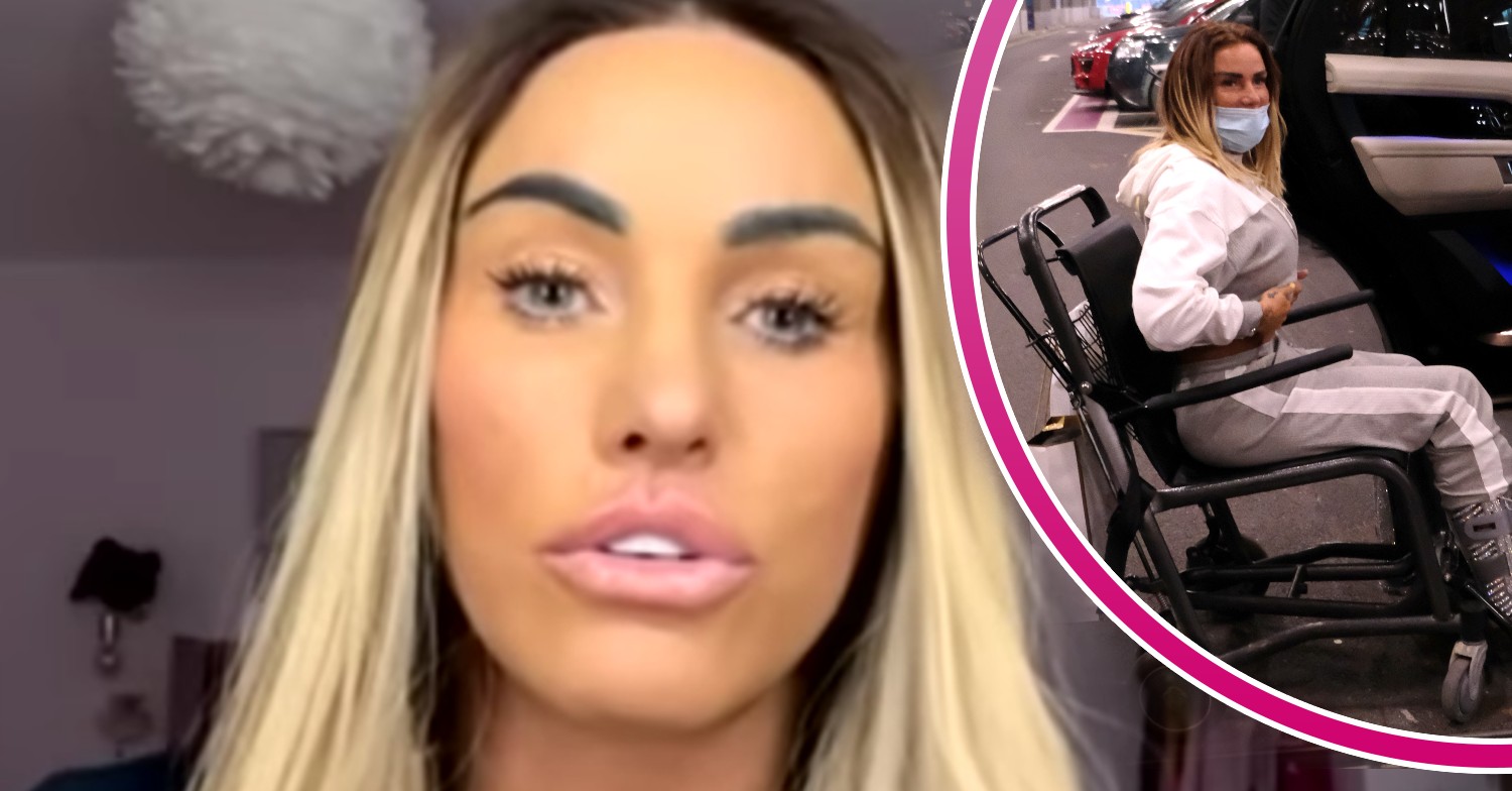 Katie Price talking to camera and in a wheelchair