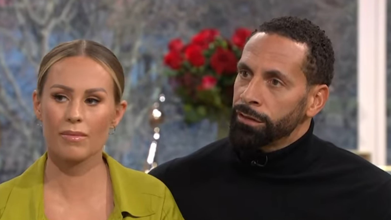 Kate Ferdinand and Rio Ferdinand look serious on the This Morning sofa