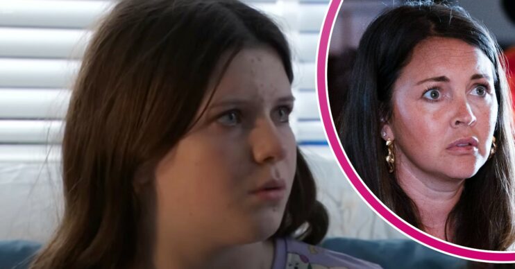 Lily and Stacey looking scared in EastEnders