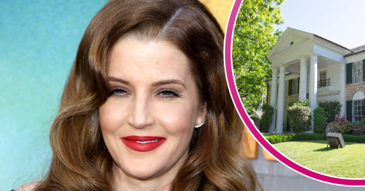 Lisa Marie Presley smiling and Graceland mansion