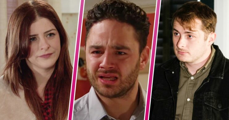Lydia looking annoyed in Coronation Street, Adam looking upset in Emmerdale and Ben looking shocked in EastEnders