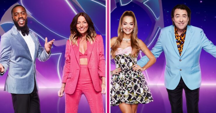 Mo Gilligan, Davina McCall, Rita Ora and Jonathan Ross pose in Masked Singer promo shot composite image