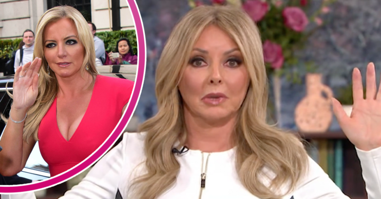 Carol Vorderman looking irate and Michelle Mone in a red dress
