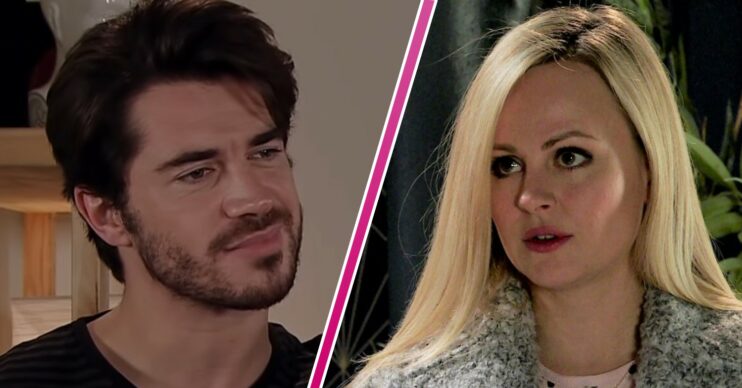 Adam looks pleased on Coronation Street - inset, Sarah seems less sure (Credit: ITV/Composite: Entertainment Daily)
