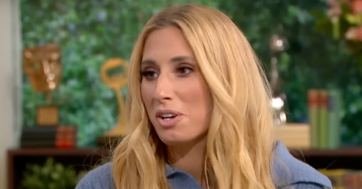 Stacey Solomon wearing blue with her hair down