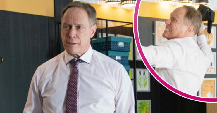 Stephen looks worried on Coronation Street; inset, furious as he lashes out (Credit: ITV/Composite: Entertainment Daily)