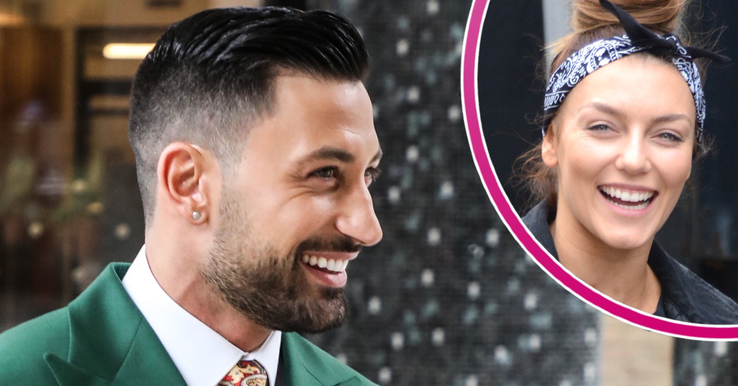 Giovanni Pernice smiling in suit, Jowita Przystal smiling leaving rehearsals