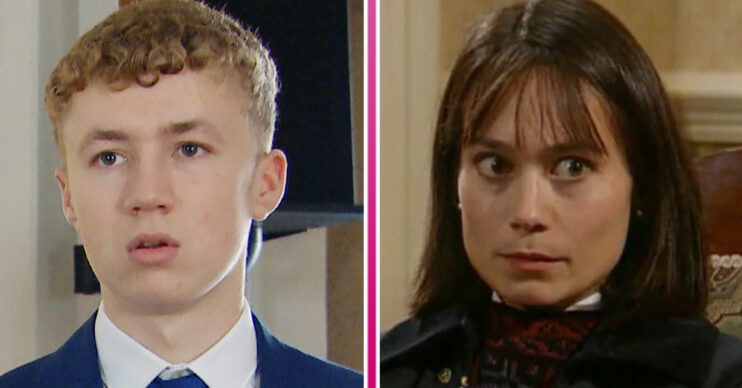 Noah is looking shocked and Zoe is looking guilty