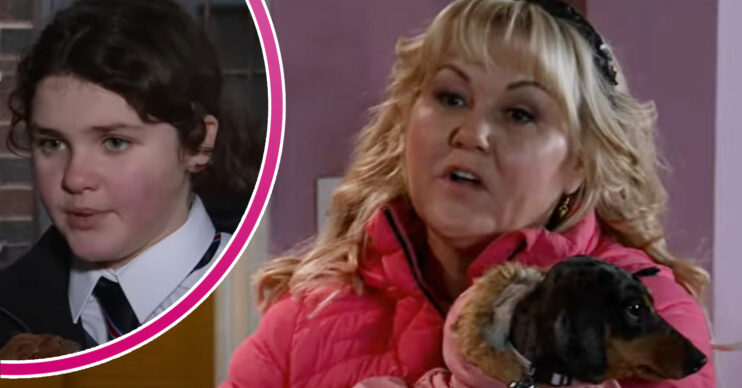 Coronation Street's Beth is holding Peanut and, in a bubble, Hope is looking sinister