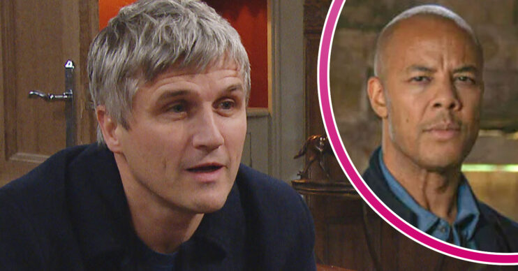Emmerdale's Caleb is looking serious and, in a bubble, Al is staring seriously