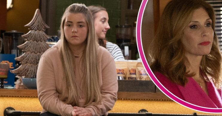 Cathy looking annoyed while Bernice is smiling in Emmerdale