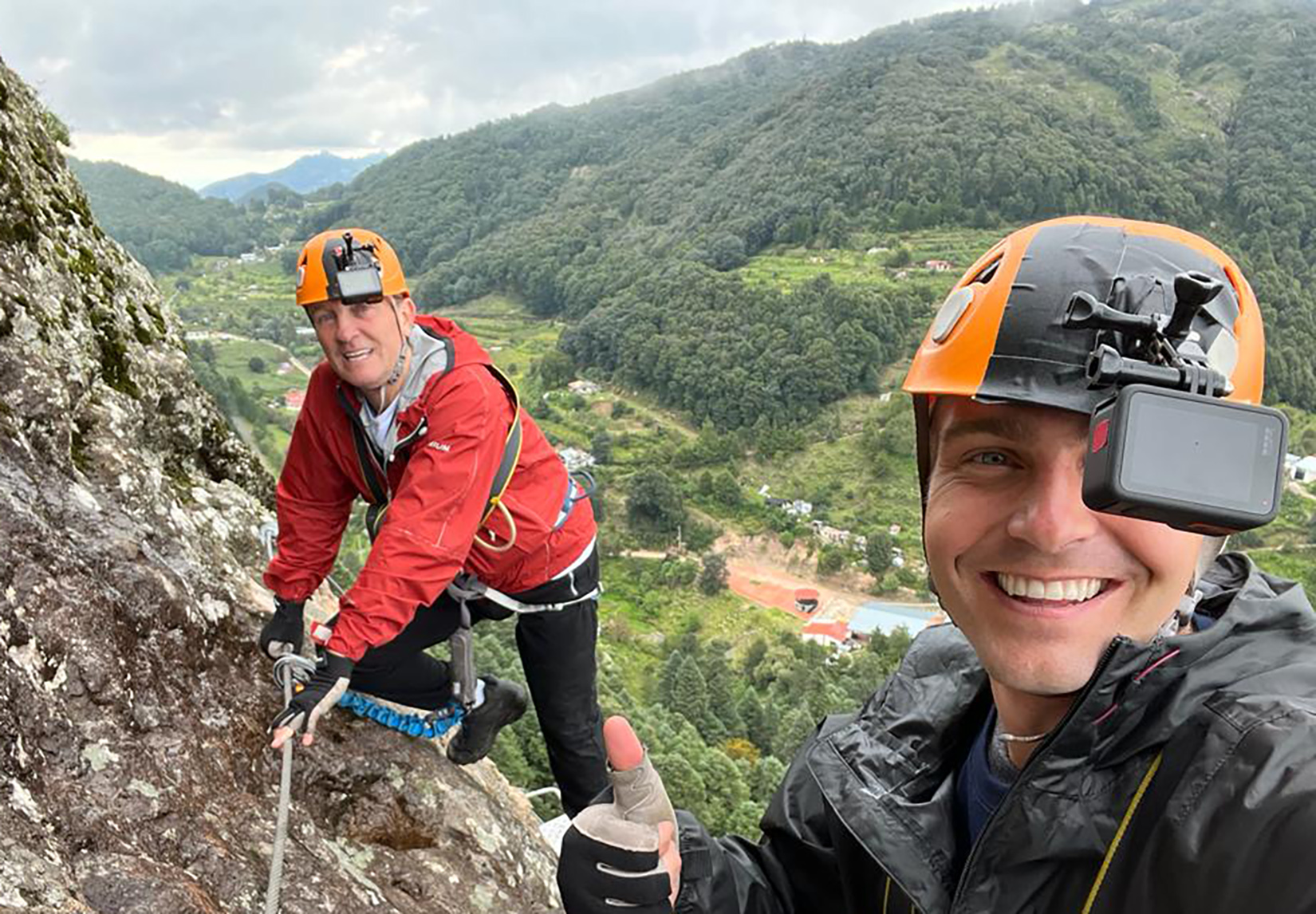 Barney takes a selfie with Bradley Walsh on a mountain in Breaking Dad