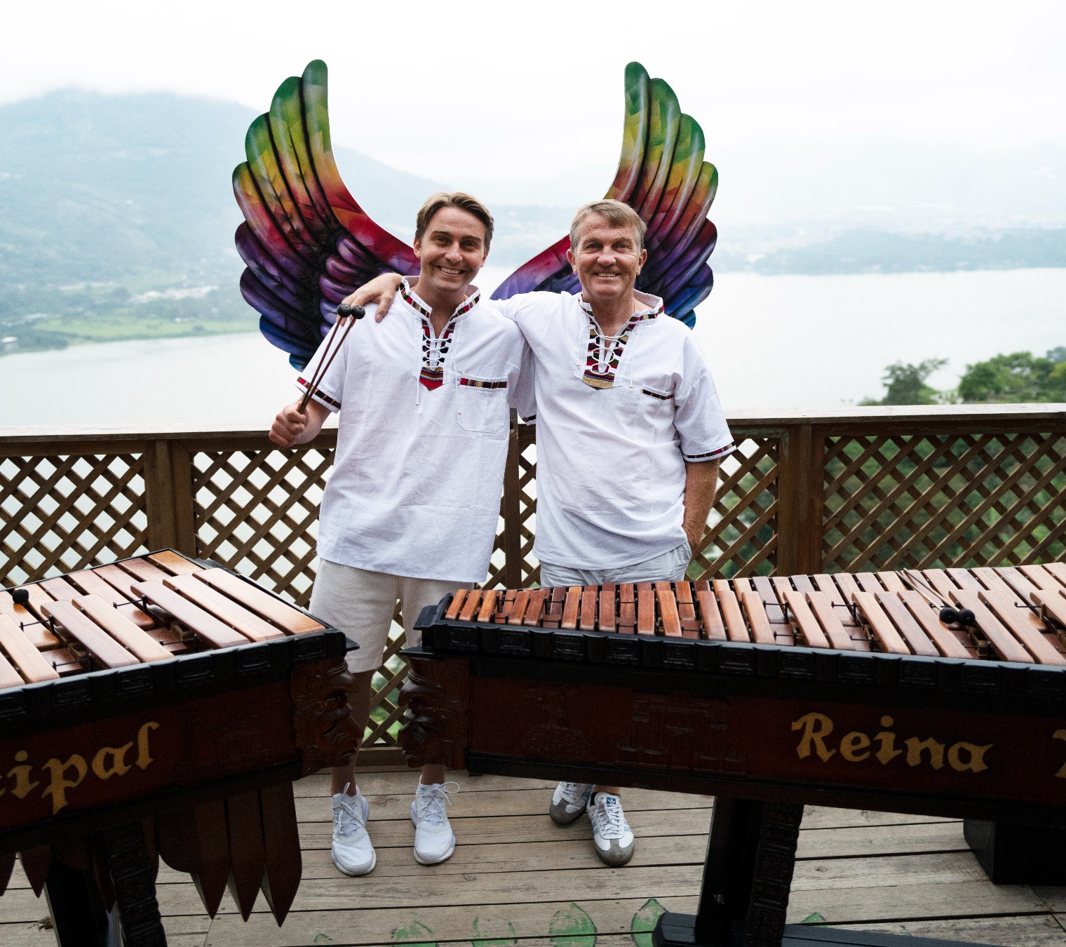 Bradley and Barney Walsh pose at the Marimba Ensemble in Breaking Dad on ITV