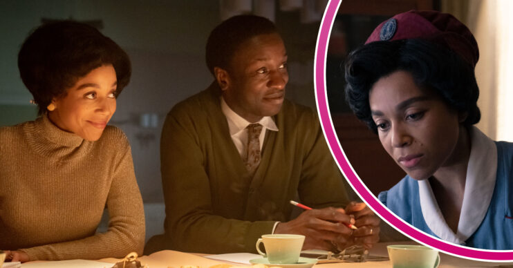 Lucille and Cyril sit at a table/Lucille frowns in the Poplar in Call the Midwife
