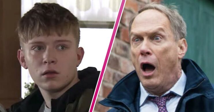 Two Coronation Street characters looking shocked