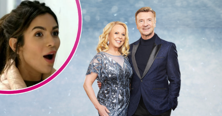 Dancing On Ice star Ekin-su looking shocked, Torvill and Dean in promo pic