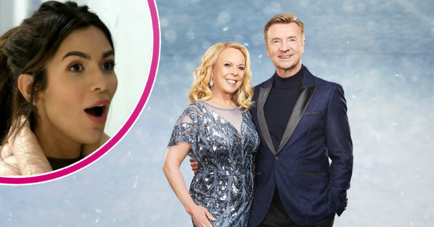 Dancing On Ice star Ekin-su looking shocked, Torvill and Dean in promo pic