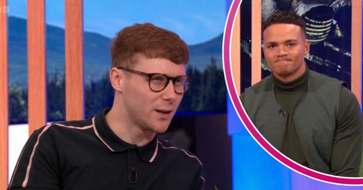 Jamie Borthwick squinting, Jermaine Jenas looking cross on The One Show