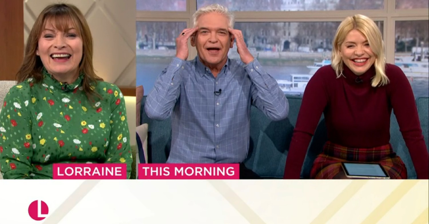 Lorraine, Phillip Schofield and Holly Willoughby laughing 