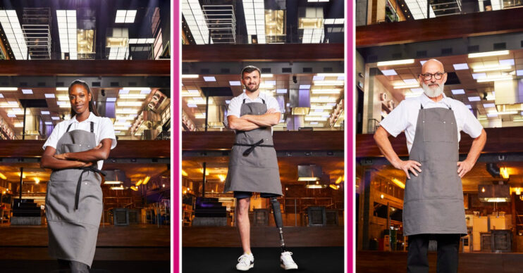 Three chefs from Next Level Chef pose next to the kitchens