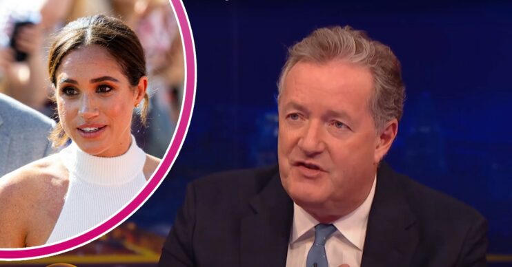 Meghan Markle speaking, Piers Morgan looking cross