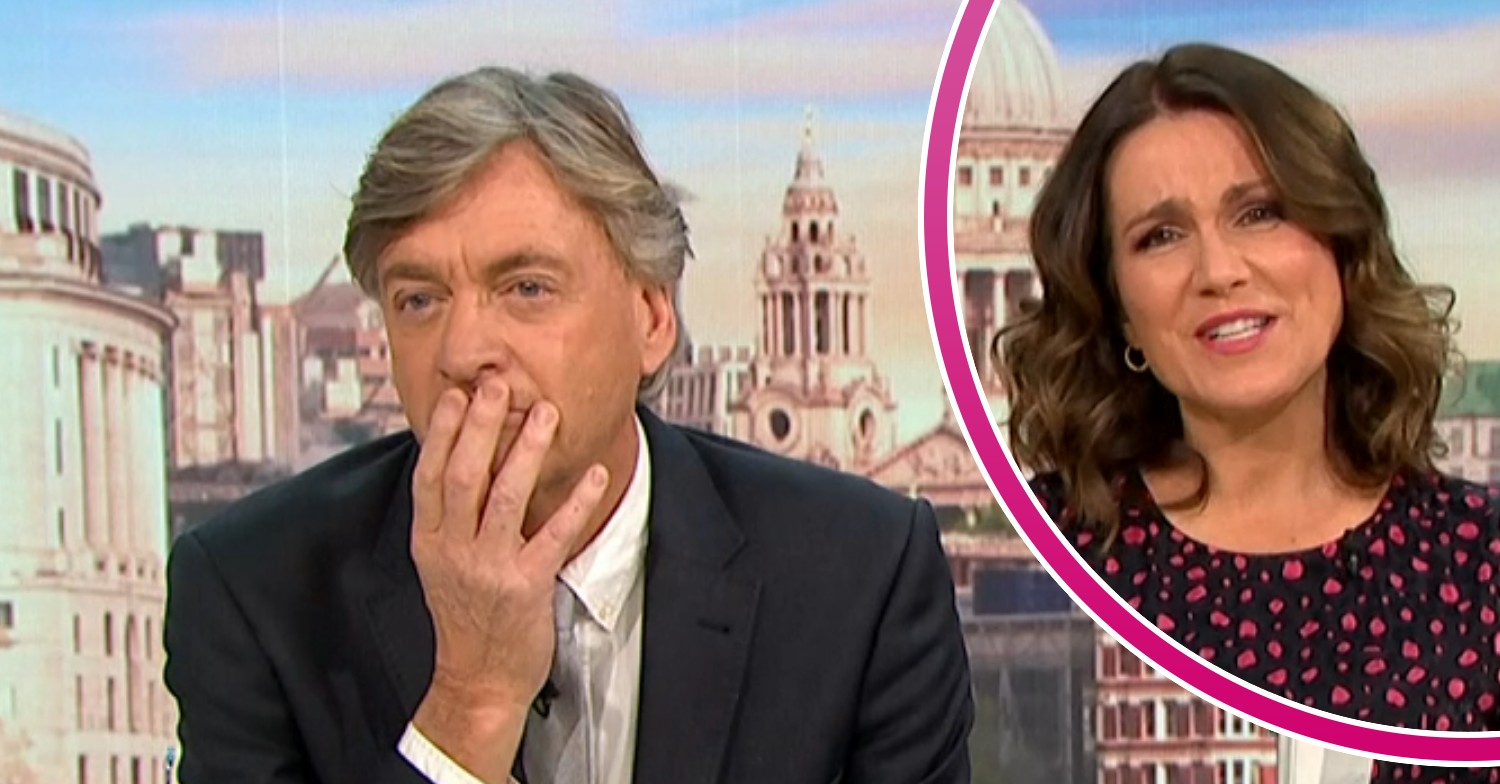 Richard Madeley with his hand in front of his mouth on Good Morning Britain today, Susanna Reid smiling