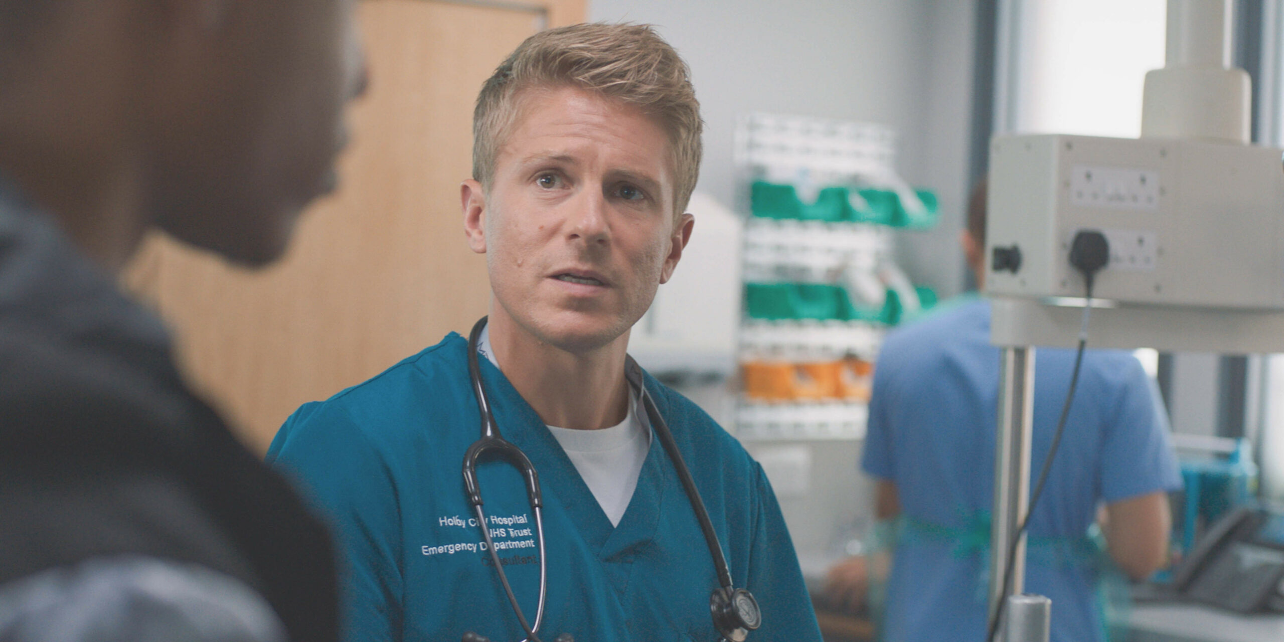 Ethan looking worried on Casualty 