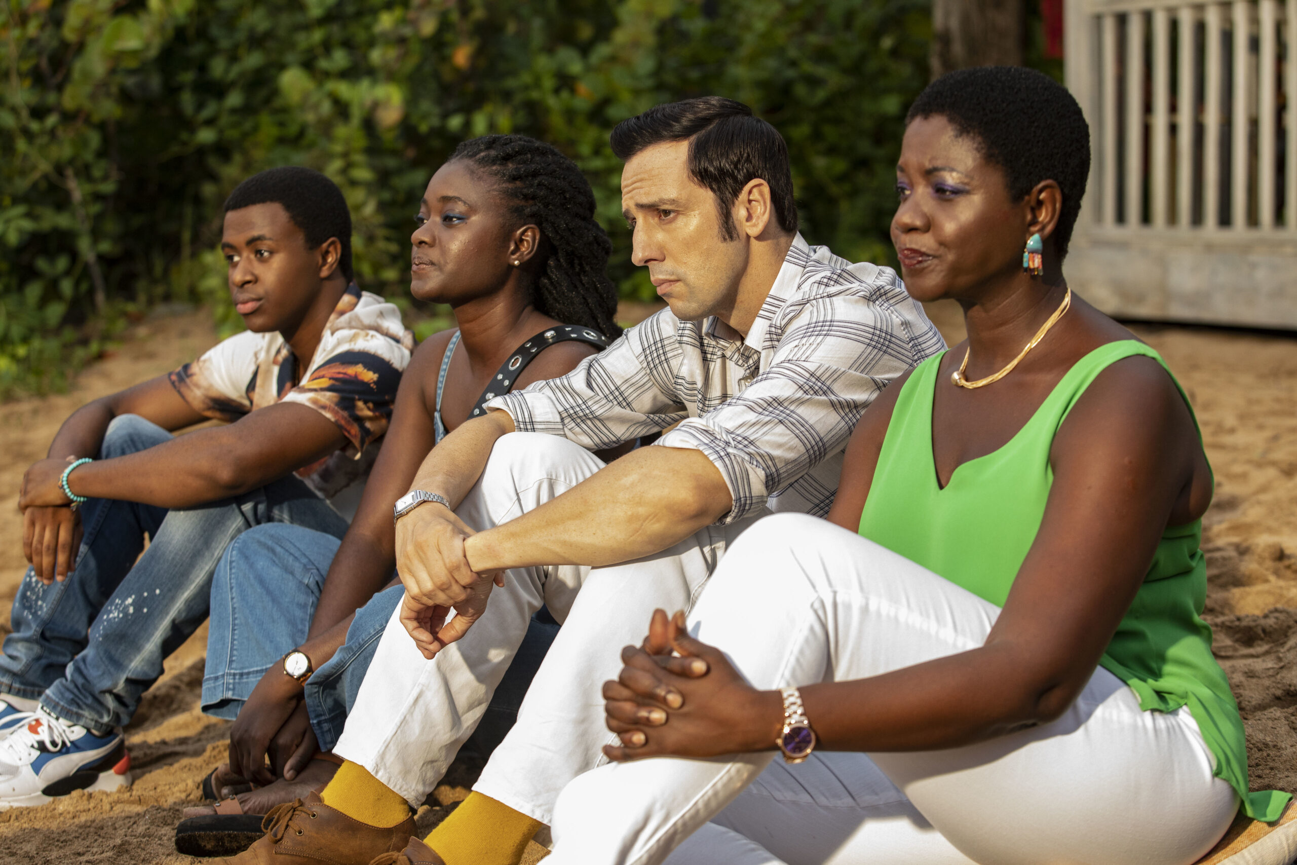 The cast of Death in Paradise frown in series 12 episode 7