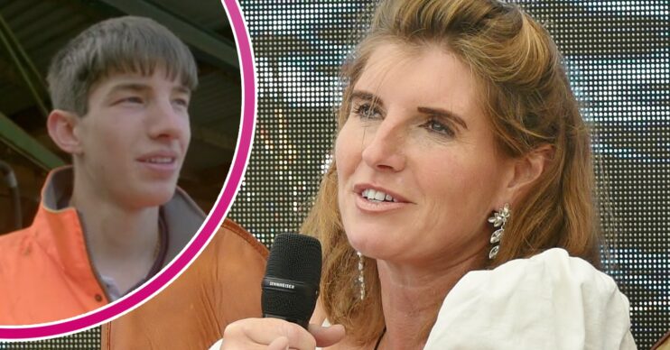 Reuben Owen smiles, his mum Amanda Owen speaks into a microphone