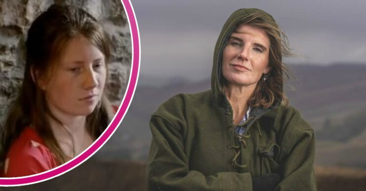 Amanda Owen smiling in a field and Raven leaning against a wall
