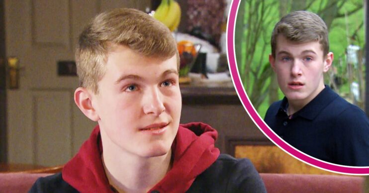 Arthur smiling awkwardly on Emmerdale - inset, he looks shocked and horrified (Credit: ITV/Composite: Entertainment Daily)