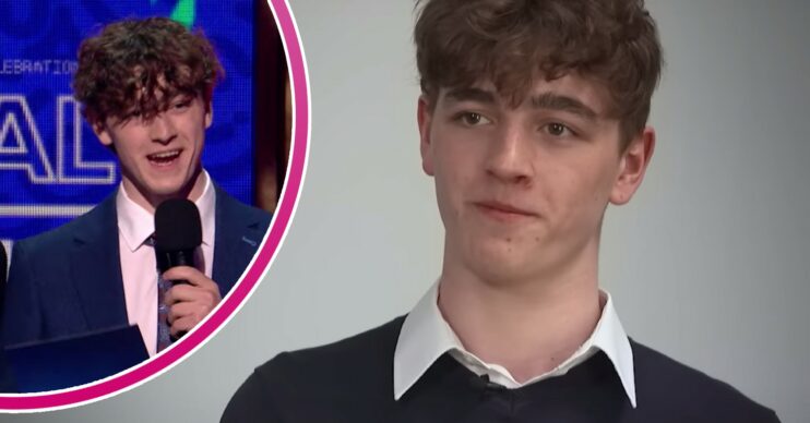 Happy Valley star Rhys Connah speaks into a microphone at the BRIT Awards 2023