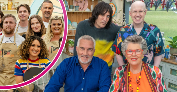 Celebrity Bake Off line-up smiling and the judges at a table