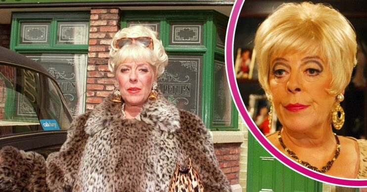 Bet Lynch in leopard print saying goodbye to the Rovers in 1995, with an inset of her return in 2002