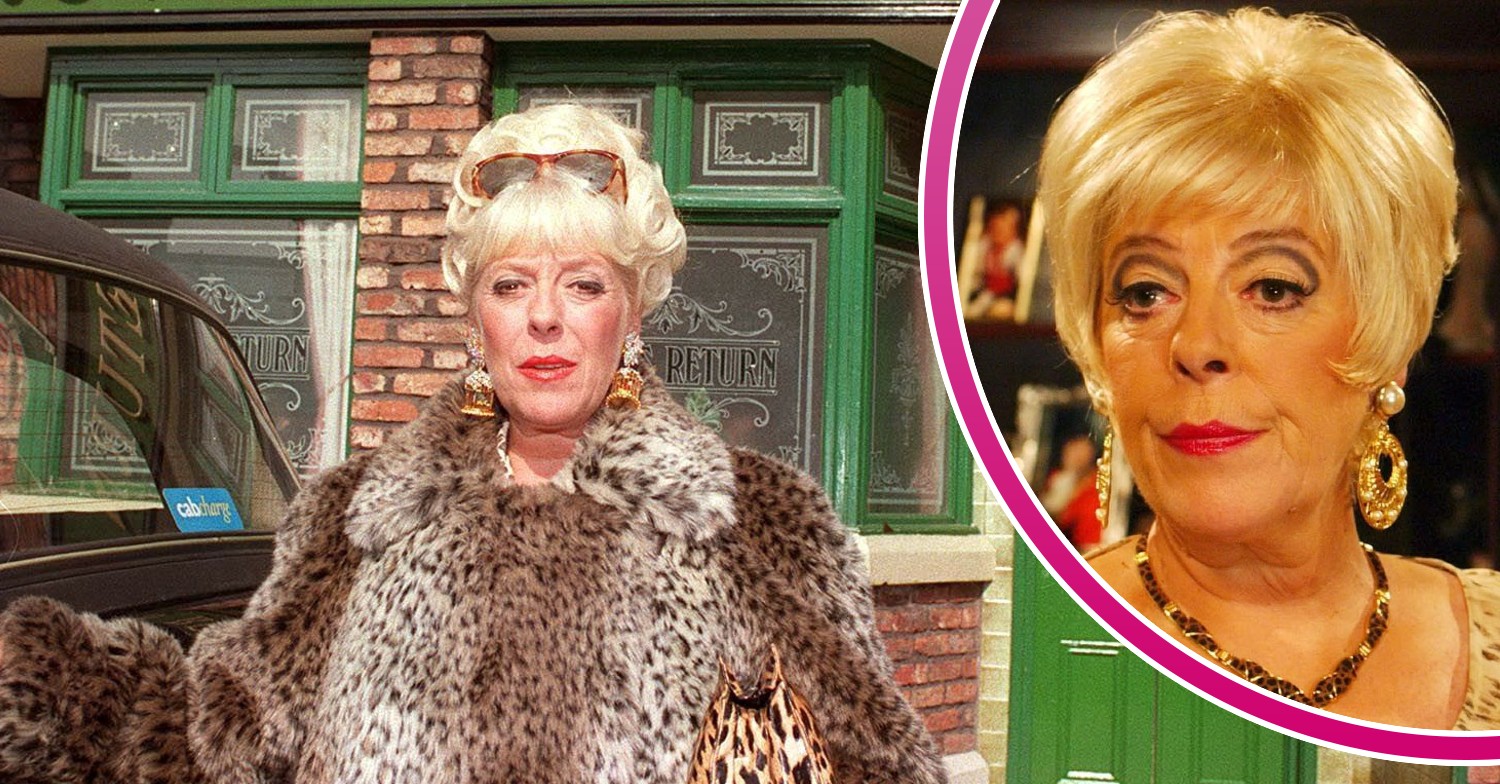 Bet Lynch in leopard print saying goodbye to the Rovers in 1995, with an inset of her return in 2002