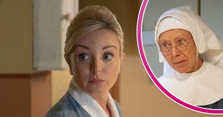 Nurse Trixie looking shocked and Sister Julienne looking cross in Call the Midwife on BBC