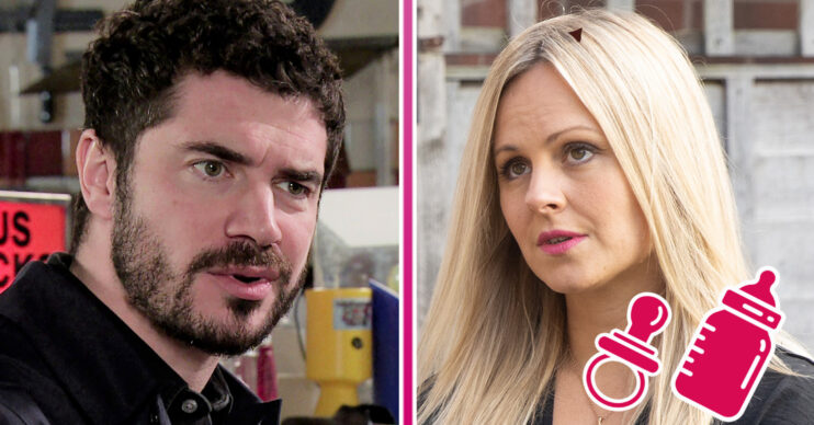 Coronation Street's Adam and Sarah are looking confrontational, with a baby bottle and dummy next to them