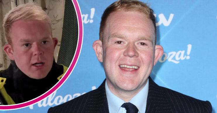Coronation Street's Colson Smith is smiling at an ITV event and, in a bubble, Craig is in his police uniform