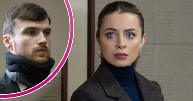 Coronation Street's Daisy looks shocked and, in a bubble, Justin looks serious