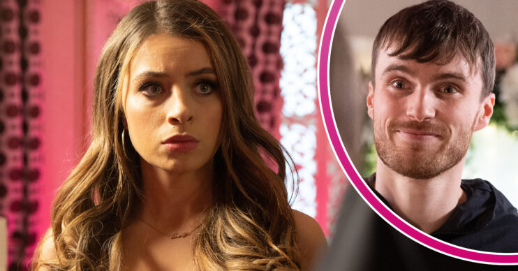 Coronation Street's Daisy is looking worried and, in a bubble, Justin is smiling creepily