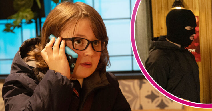 Coronation Street's Sam is on the phone and, in a bubble, is a masked gunman