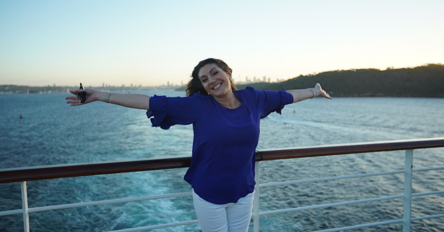 Jane McDonald smiling on a cruise