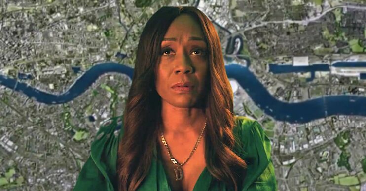 Denise Fox on a background of the EastEnders logo