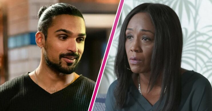 Denise looks conflicted on EastEnders; inset, Ravi is smiling (Credit: BBC/Composite: Entertainment Daily)