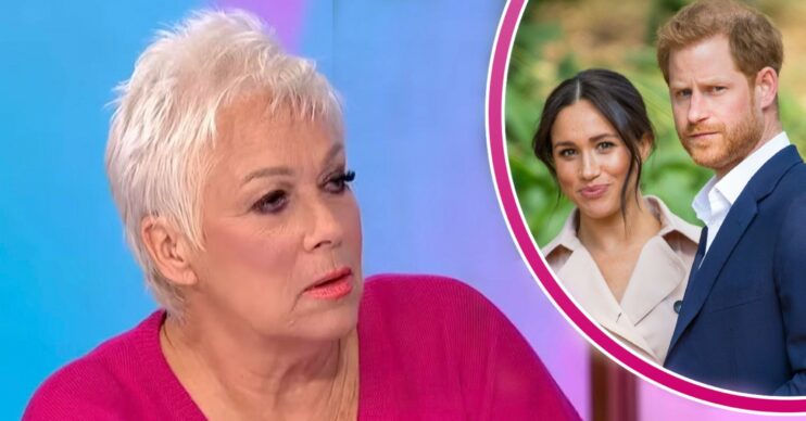 Denise Welch looking annoyed on Loose Women, Meghan and Harry smiling