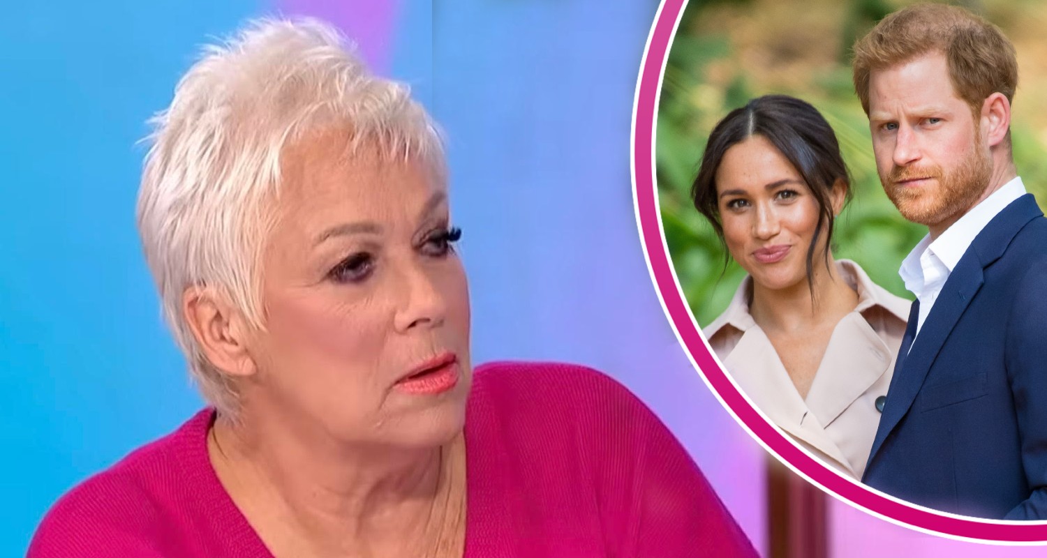 Denise Welch looking annoyed on Loose Women, Meghan and Harry smiling