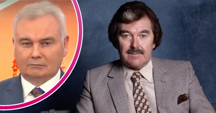 Dickie Davies sitting in a chair in his heyday and Eamonn Holmes inset on GB News