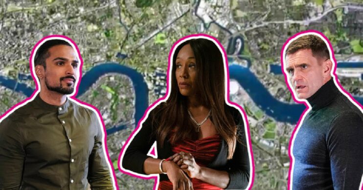 Ravi, Denise and Jack in front of EastEnders background