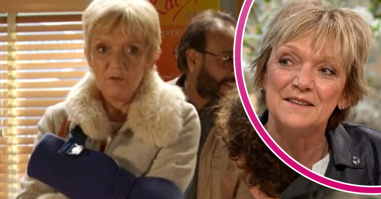 EastEnders' Jean's arm is in a cast and, in a bubble, is Gillian Wright smiling