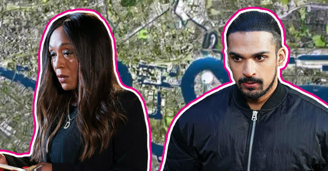 Composite image of Ravi and Denise, both looking serious, with pink outlines, against the EastEnders background (Credit: BBC/Composite: Entertainment Daily)